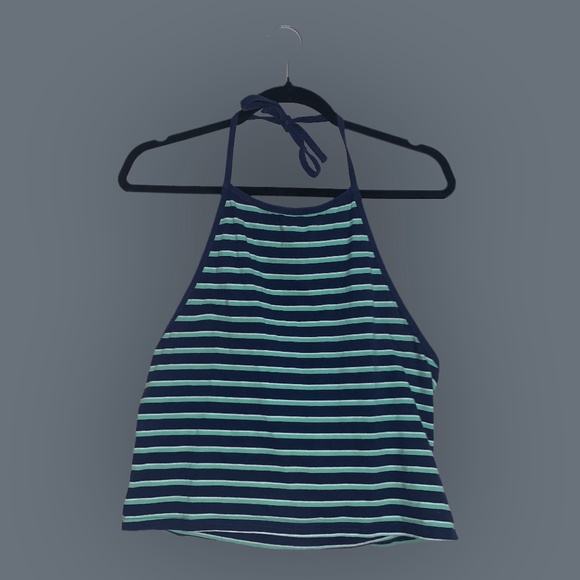Navy, Seagreen and White Striped Halter Top - Picture 1 of 6